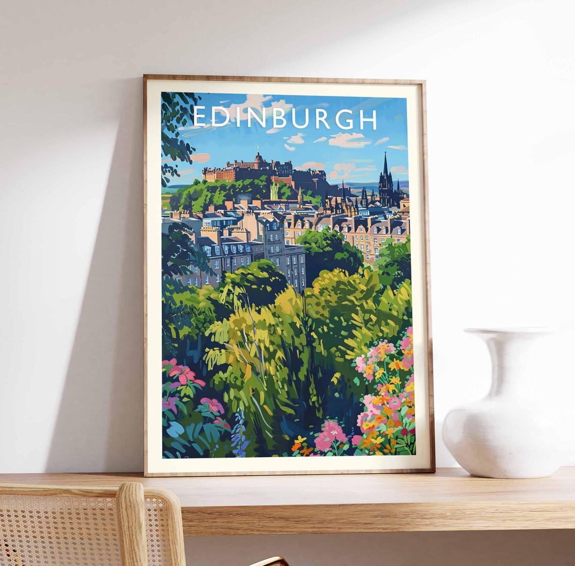Edinburgh Scotland Castle Gardens Floral Summer Travel Art Poster