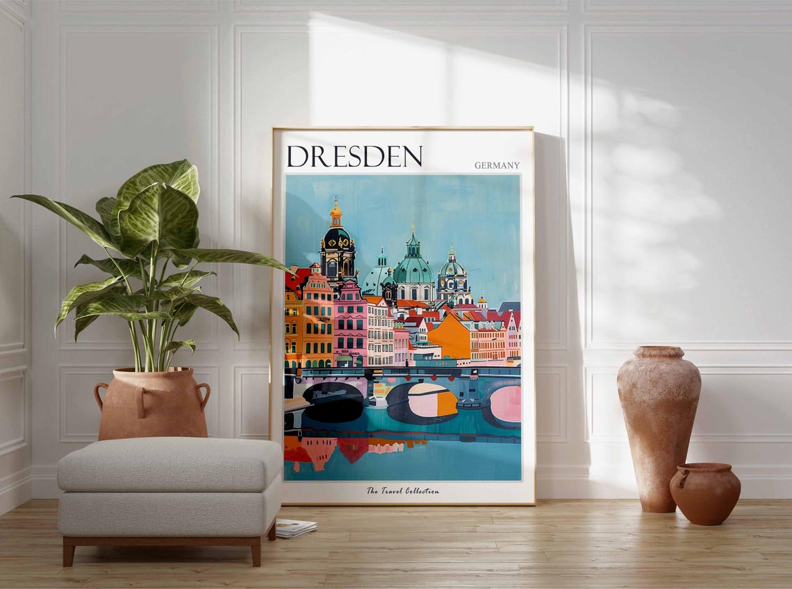 Dresden Germany Colorful Old Town Skyline over the Elbe River Poster - Image 2