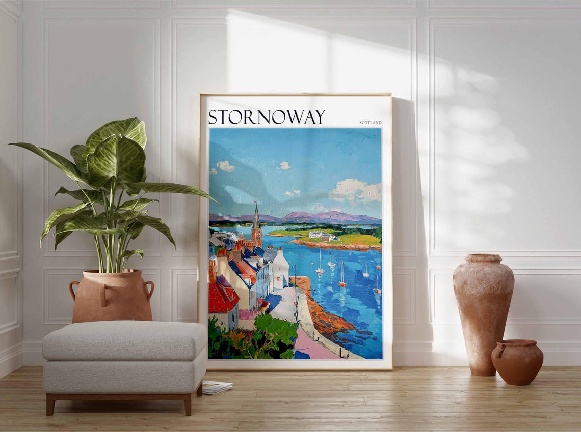 Stornoway Church Spire Coastline Sailboats Painterly Scotland Poster - Image 2