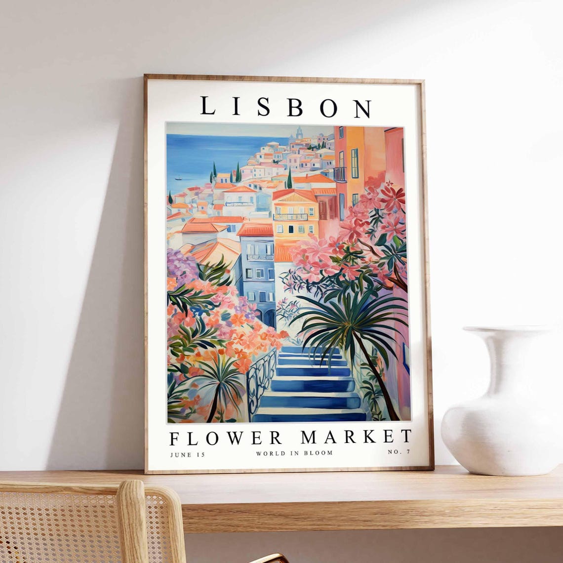 Lisbon Flower Market Portugal Seaside Steps Palm Scene Poster