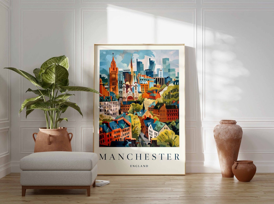 Manchester England City Skyline Colorful Illustration Art Poster - Image 2