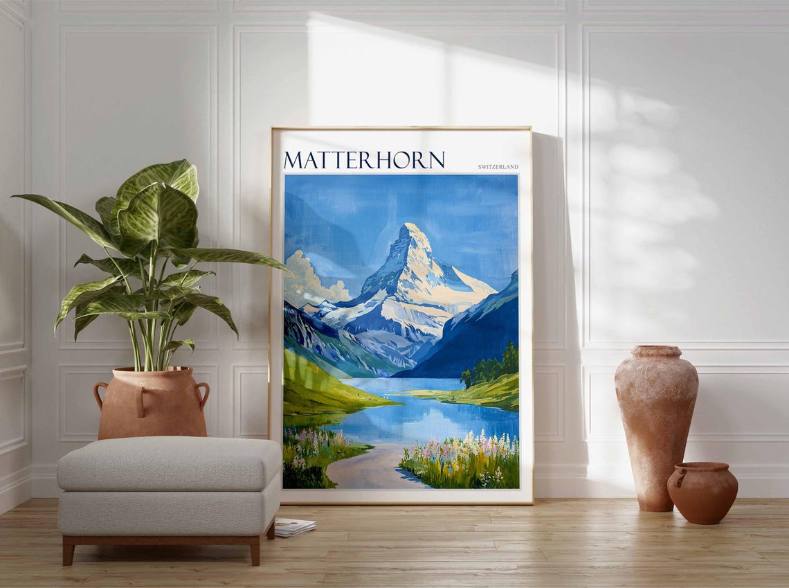 Matterhorn Switzerland Alpine Lake Wildflower Path Art Poster - Image 3