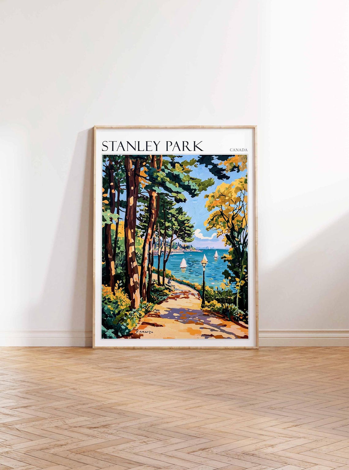 Stanley Park Shaded Path Lamppost Sailboat Bay Canada Travel Poster - Image 2