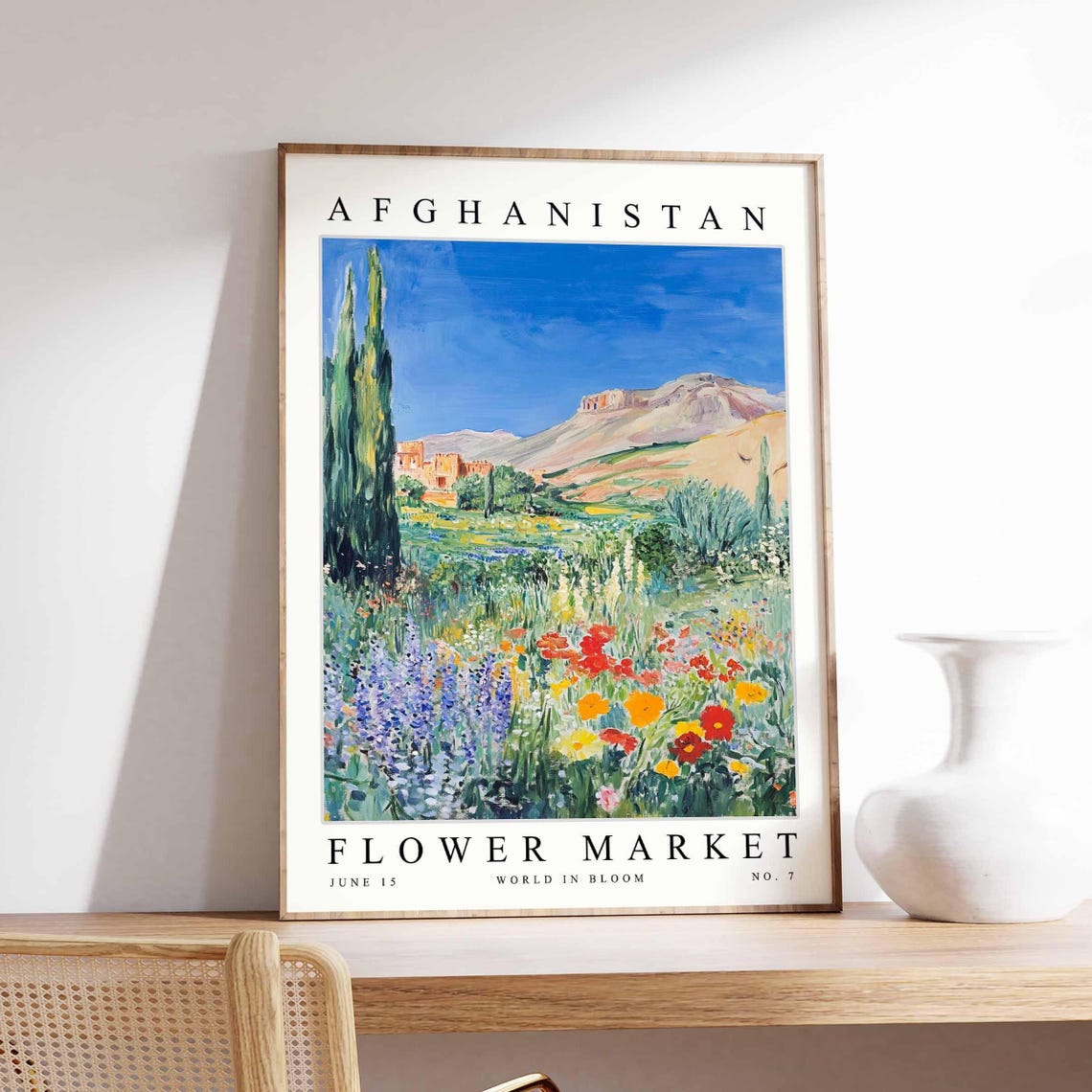 Afghanistan Flower Market Wildflower Field Mountains Village Poster