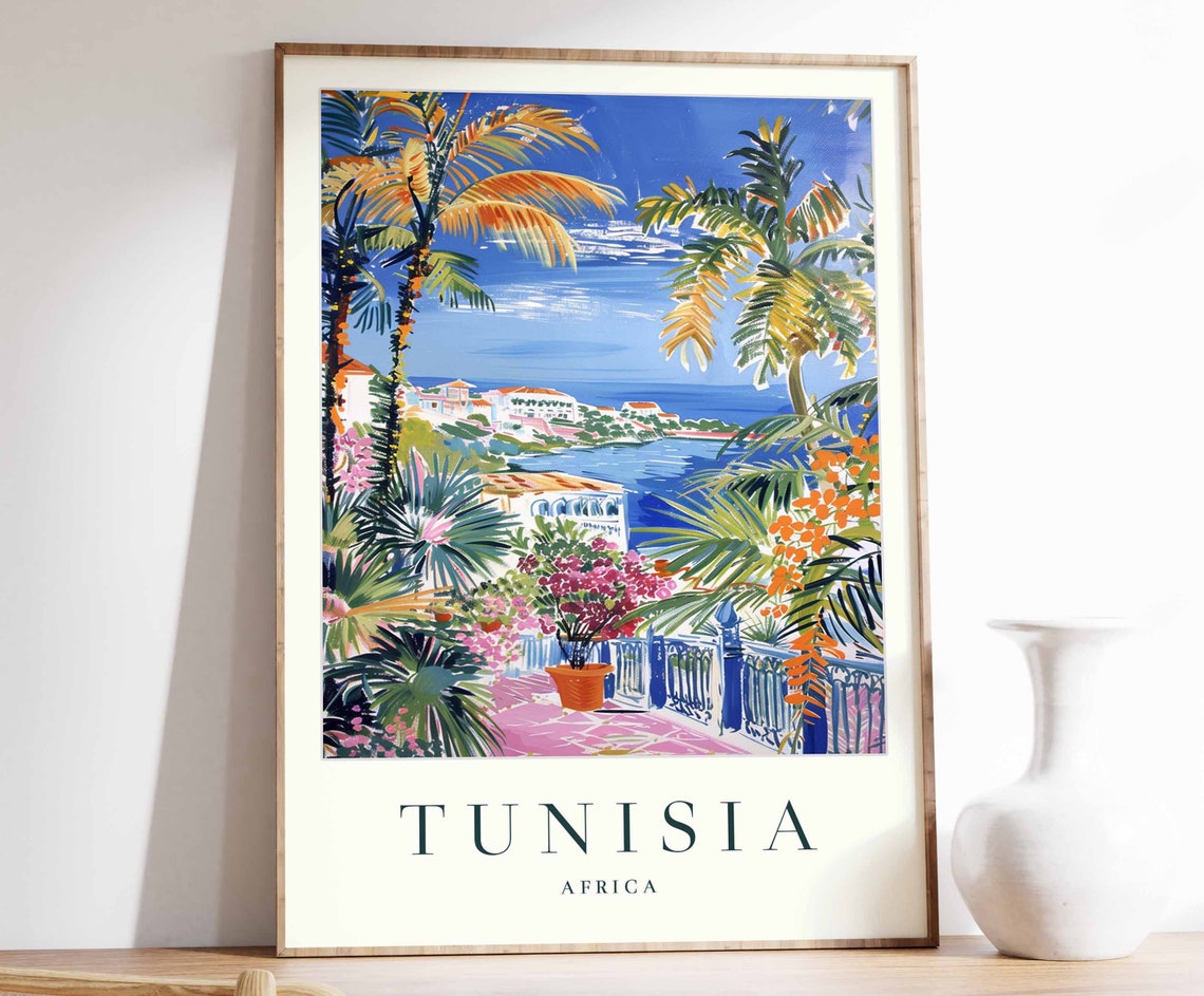 Tunisia Palm Terrace Overlooking Sea Town Africa Travel Poster