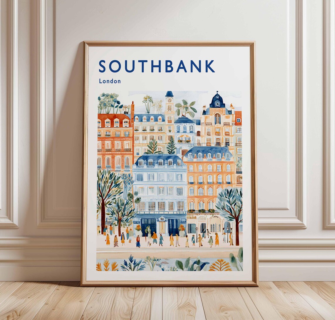 Southbank London Busy Street Watercolor City Life Travel Poster
