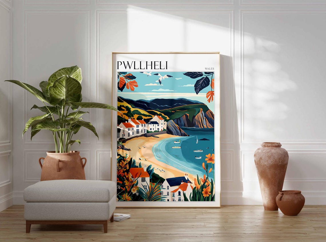 Pwllheli Wales Boat Bay White Houses Floral Border Seagulls Poster - Image 4