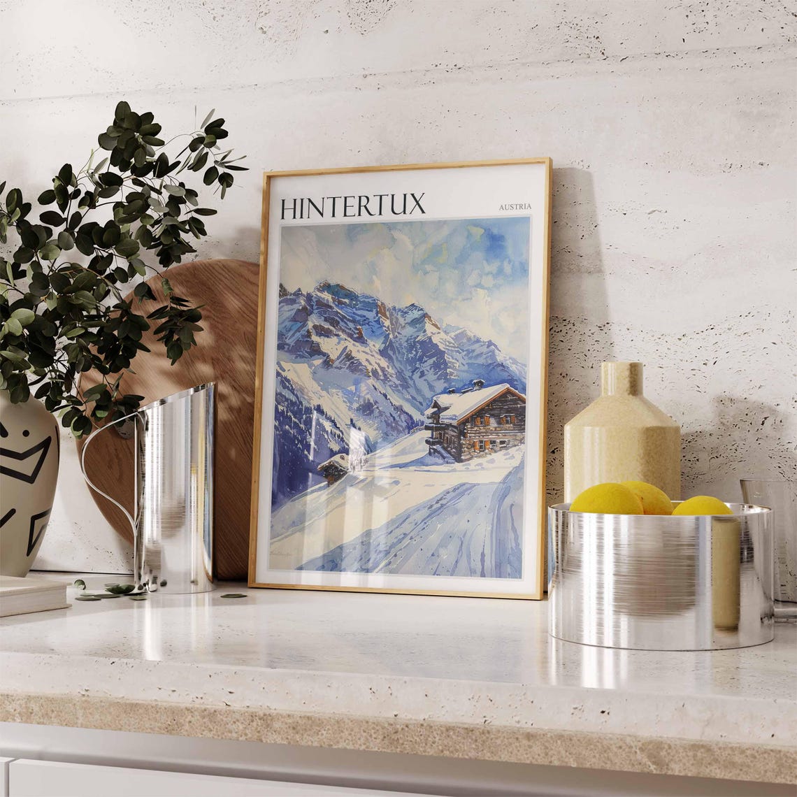 Hintertux Austria Painterly Wooden Chalet Snowy Slope Travel Poster - Image 2