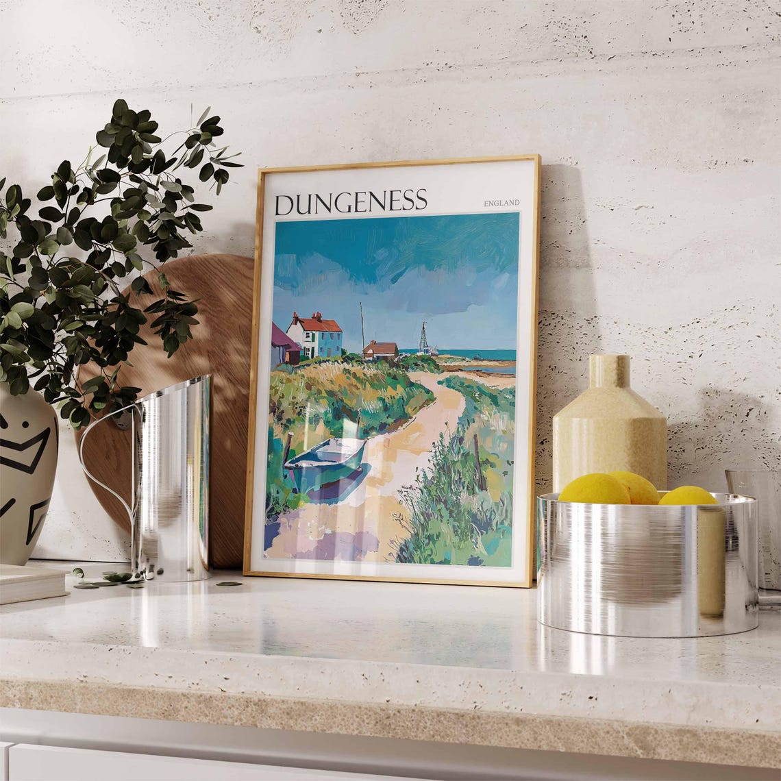 Dungeness England Sandy Path to Cottages and Beached Boat Poster - Image 2