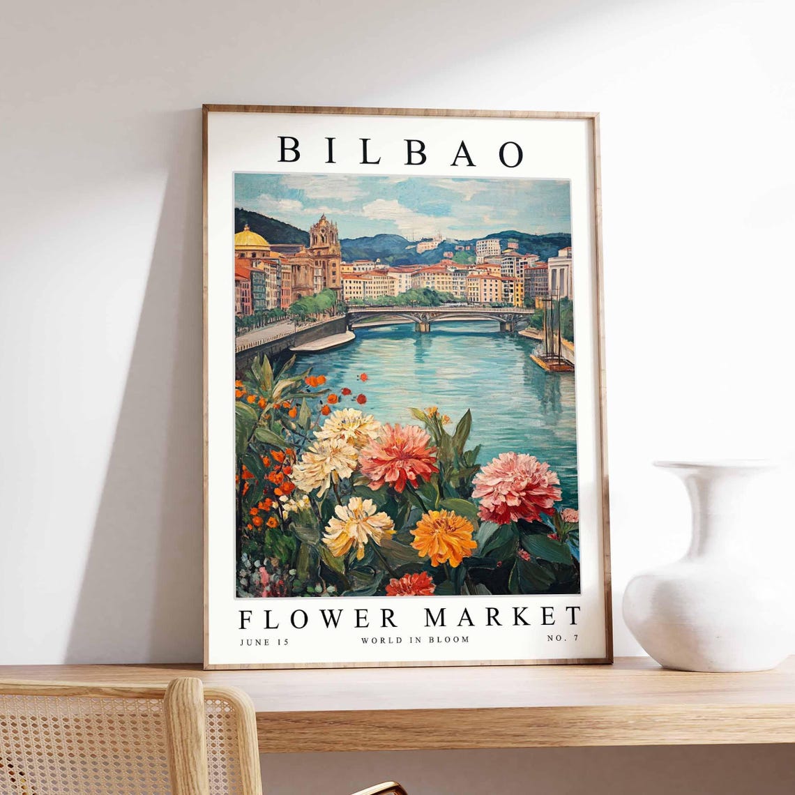 Bilbao Flower Market River Bridge Dahlia Pink Yellow Bloom Poster