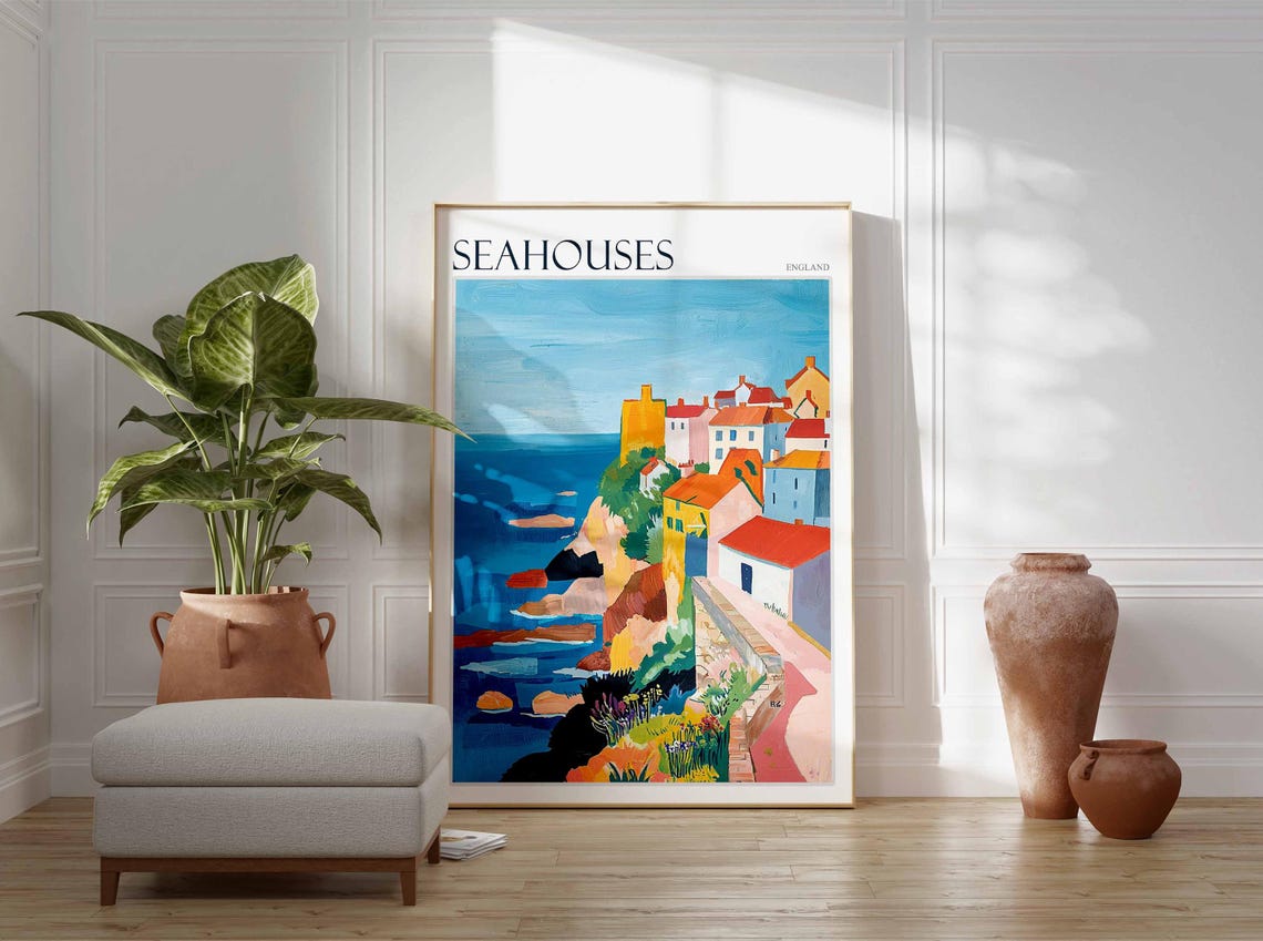 Seahouses Cliffside Village Colorful Modern Travel Poster England - Image 2