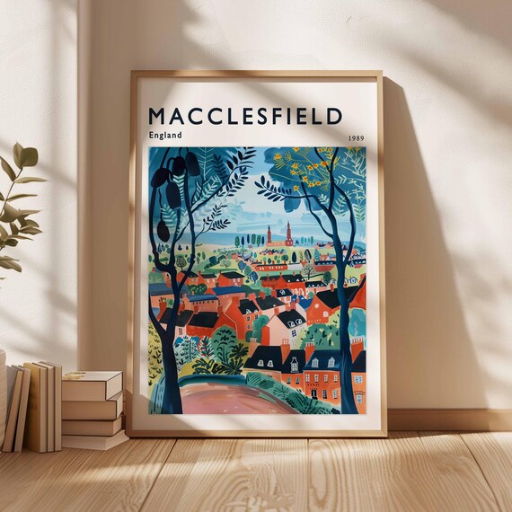 Macclesfield England 1989 Town Framed By Trees Painted Scenic Travel Poster