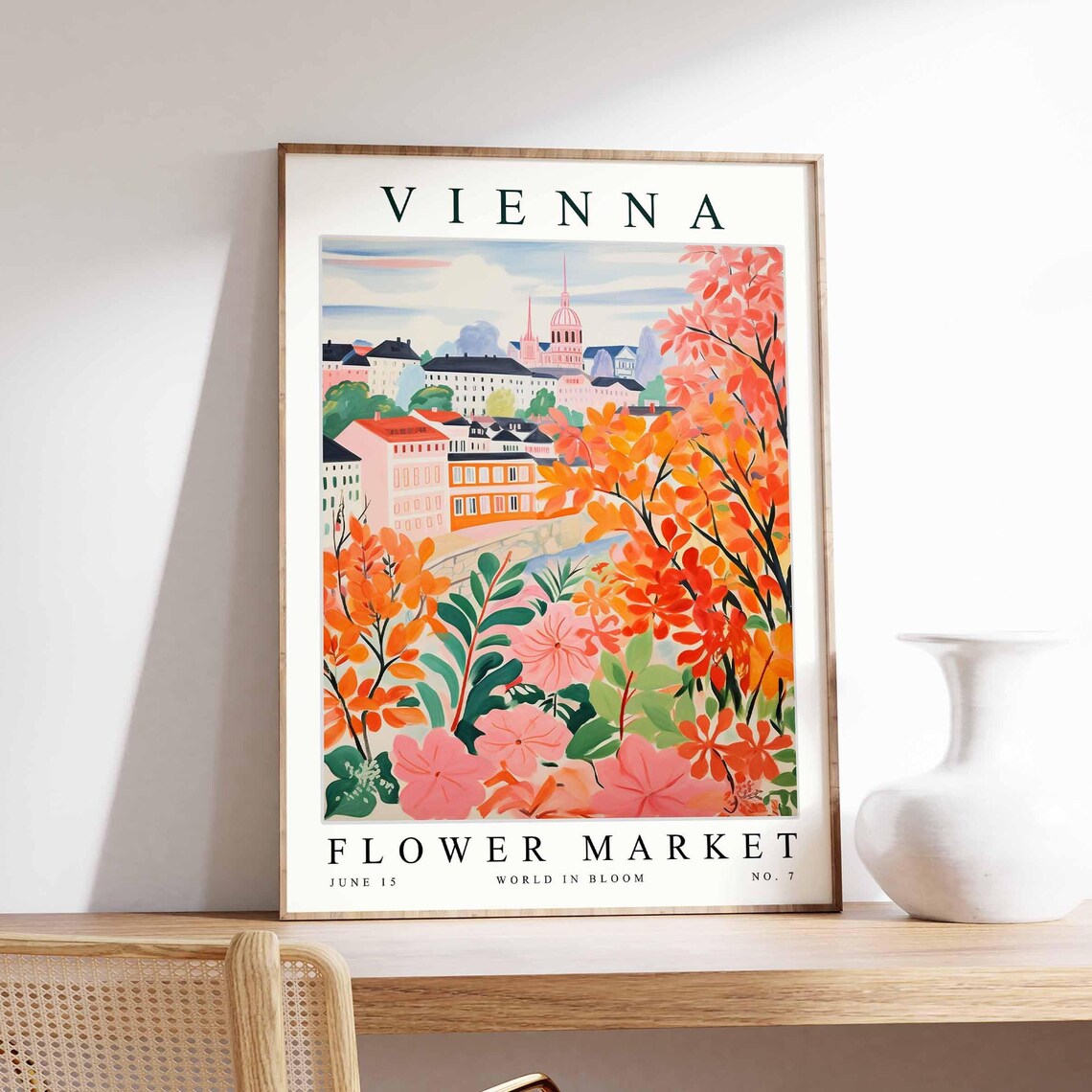 Vienna Flower Market Flat Illustration Autumn Blooms City Scene Poster