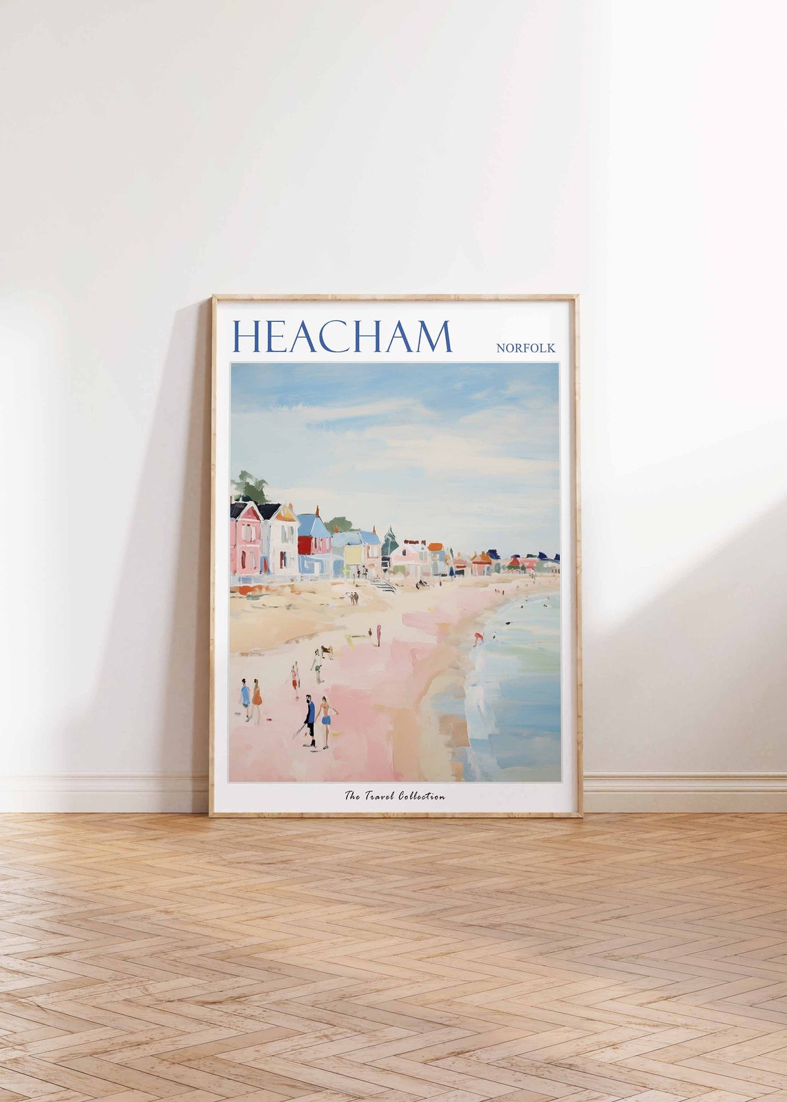 Heacham Norfolk Pastel Beach Huts Calm Shoreline Walkers Poster - Image 2