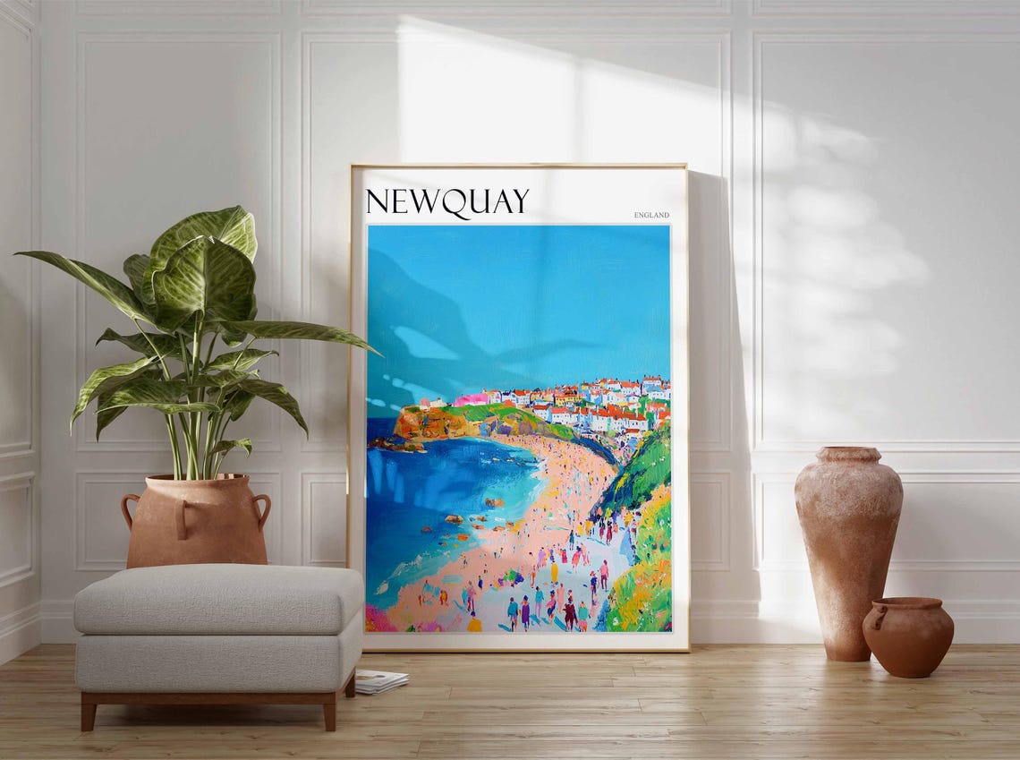 Newquay England Crowded Beach Headland Summer Day Scene Poster - Image 3