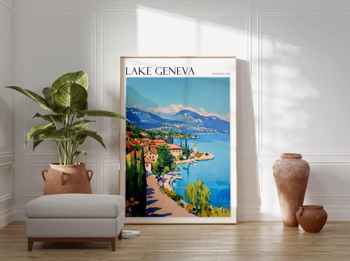 Lake Geneva Switzerland Cypress Lined Lakeside Road Poster Art - Image 2