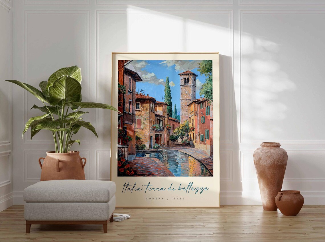Modena Canal Village Bell Tower Geraniums Italy Travel Poster - Image 3