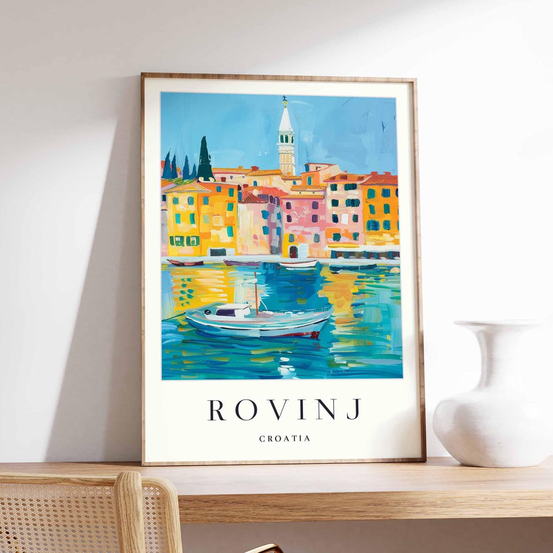 Rovinj Croatia Sailboat on Turquoise Waterfront Harbor Town Poster