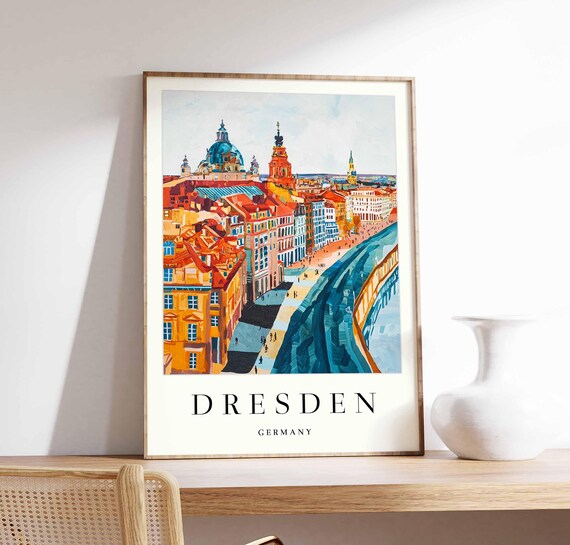 Dresden Germany Warm Orange Riverside Curve Blue Domed Churches Poster