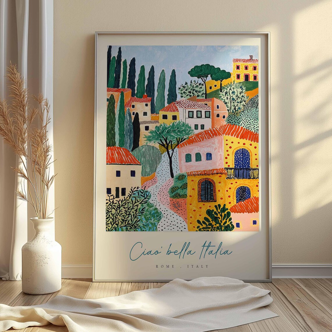 Rome Italy Folk Cypress Village Colorful Travel Quote Art Poster - Image 2