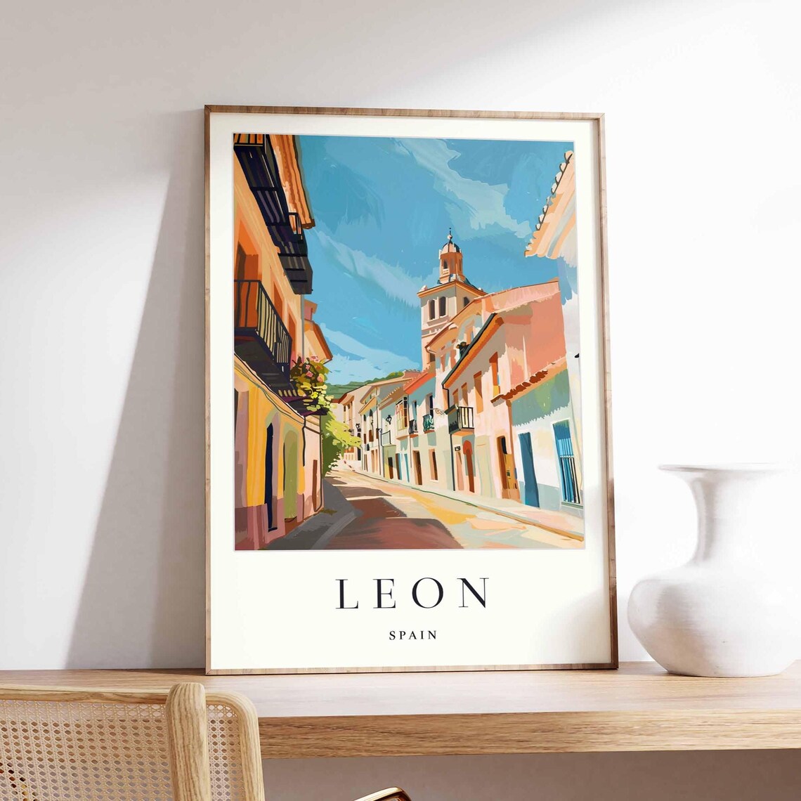 Leon Spain Sunny Old Town Street Church Tower City Travel Poster