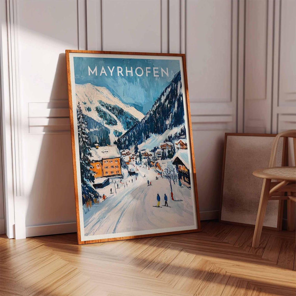 Mayrhofen Austria Alpine Valley Skiers Snow Peaks Resort Poster - Image 3
