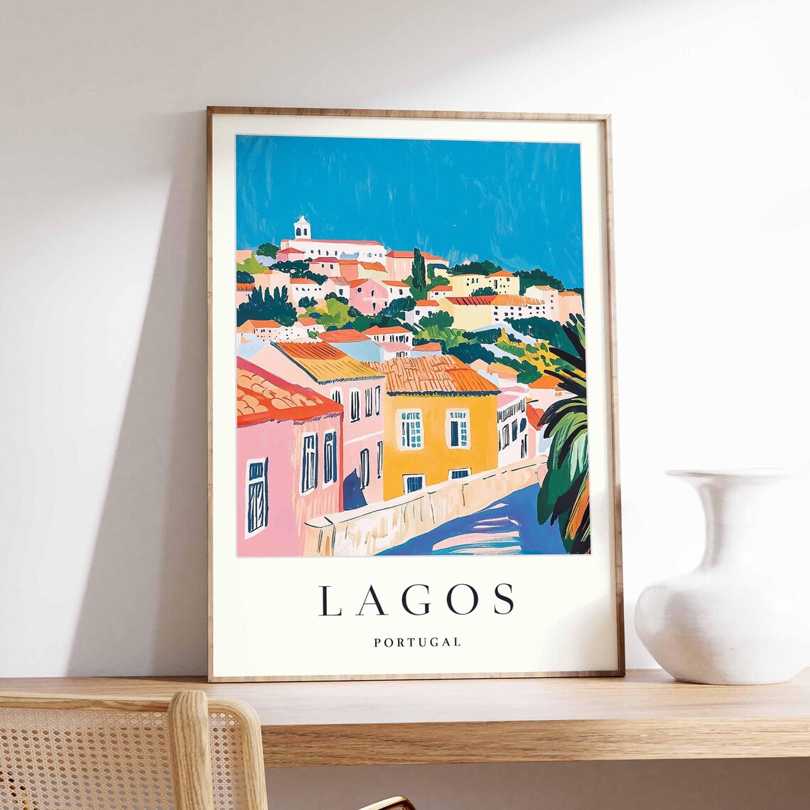 Lagos Portugal Hillside Coastal Town Pastel Houses Travel Poster