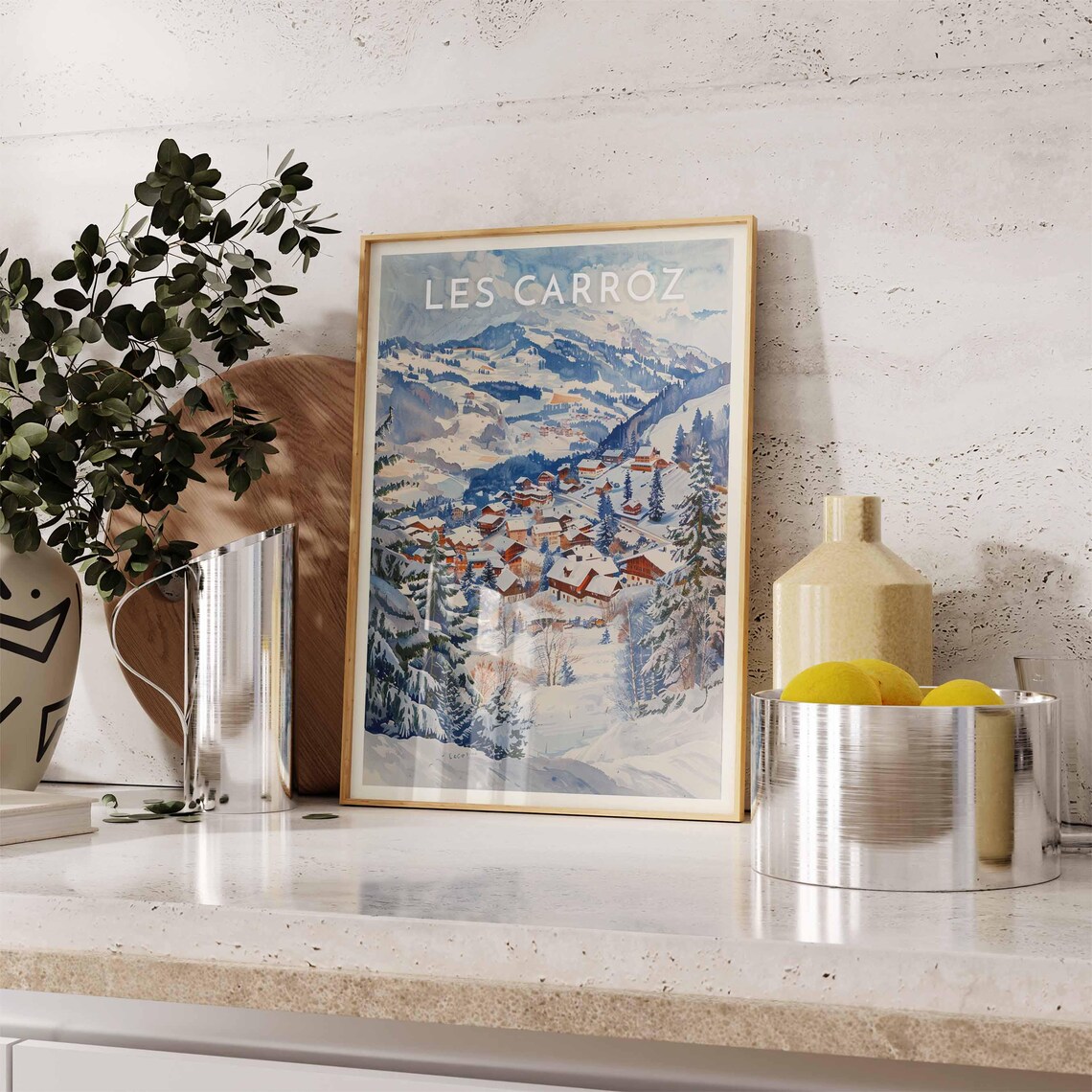 Les Carroz France Watercolor Snowy Alpine Village Ski Travel Poster - Image 2