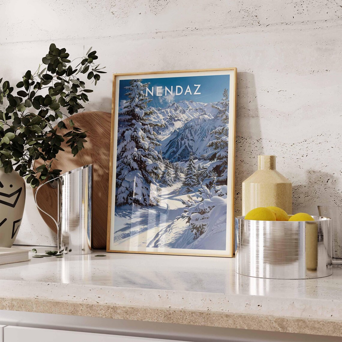 Nendaz Switzerland Snowy Trail Through Pines To Alpine Peaks Travel Poster - Image 2