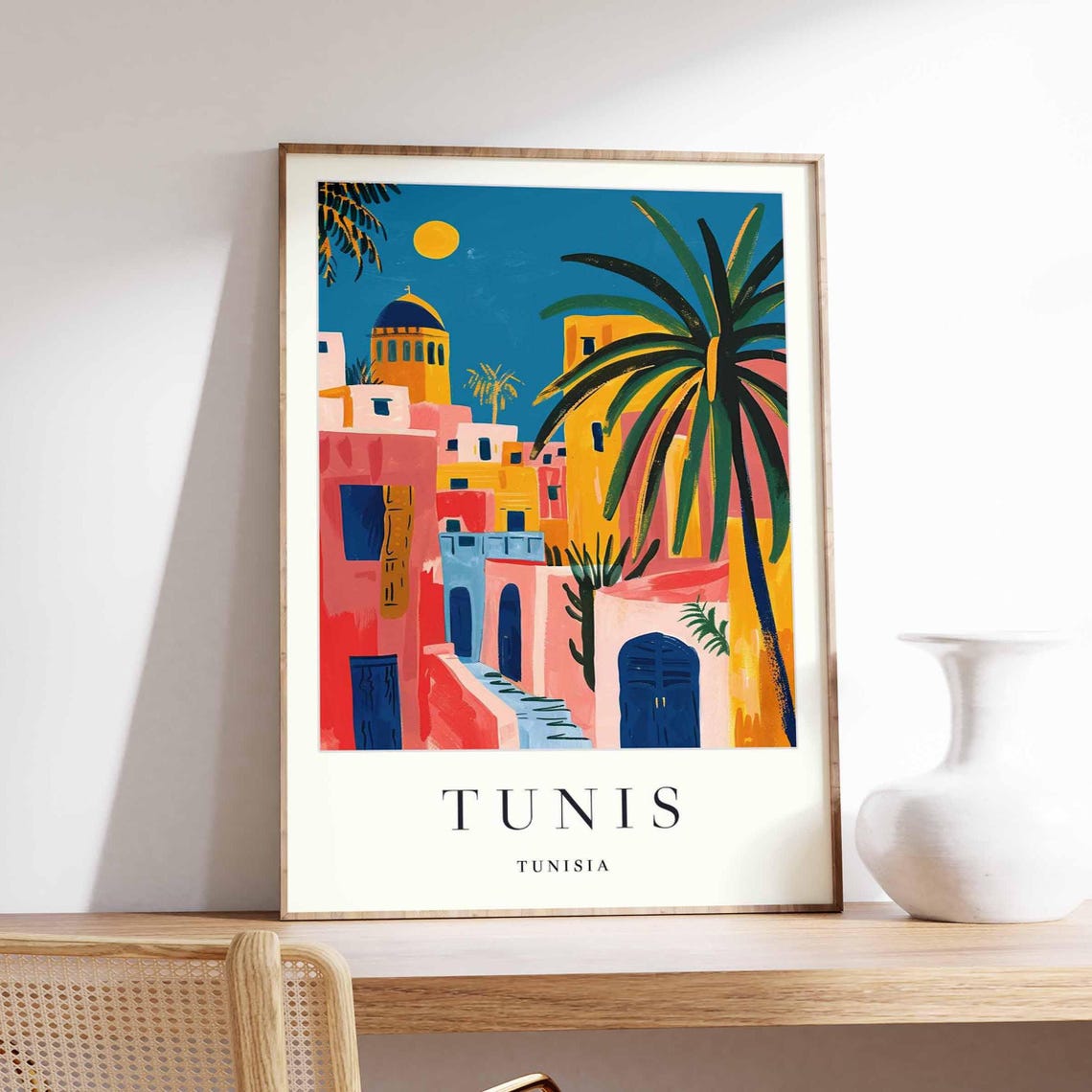 Tunis Tunisia Palm Trees and Medina Rooftops Sunny Travel Poster
