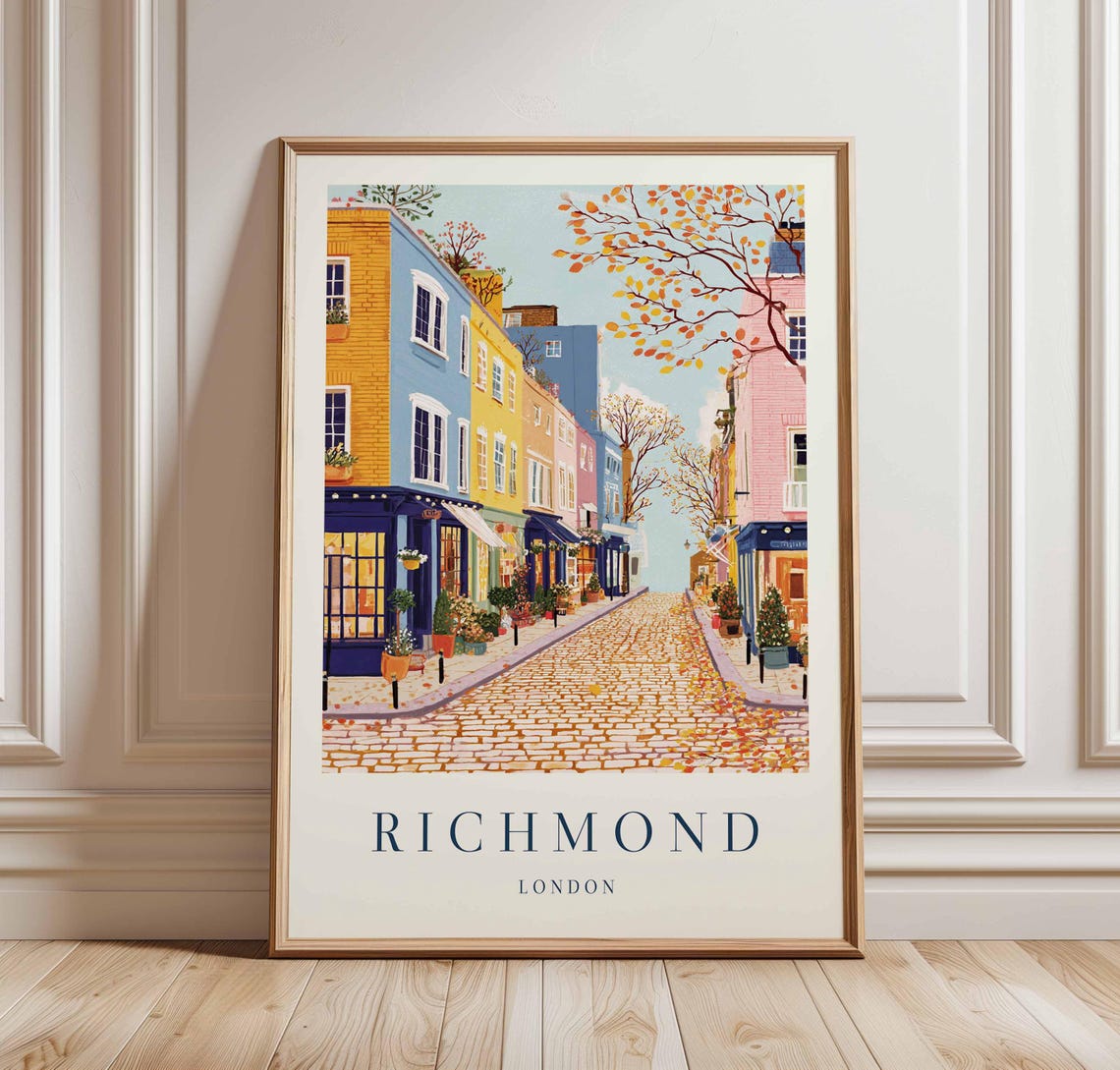 Richmond London Cobblestone Lane Pastel Shops Autumn Art Print