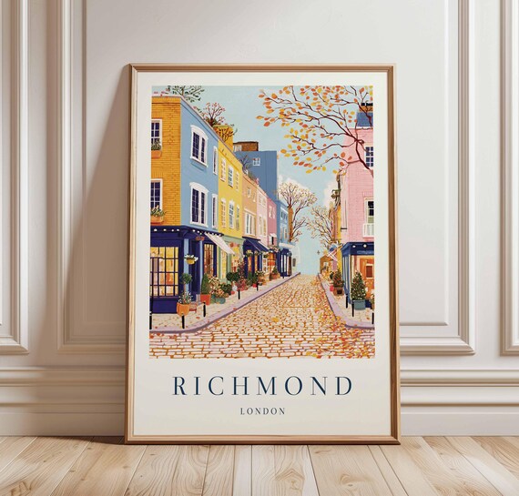 Richmond London Cobblestone Lane Pastel Shops Autumn Art Print
