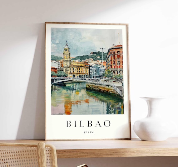 Bilbao Spain Watercolor Poster Old Town Bridge River Reflections