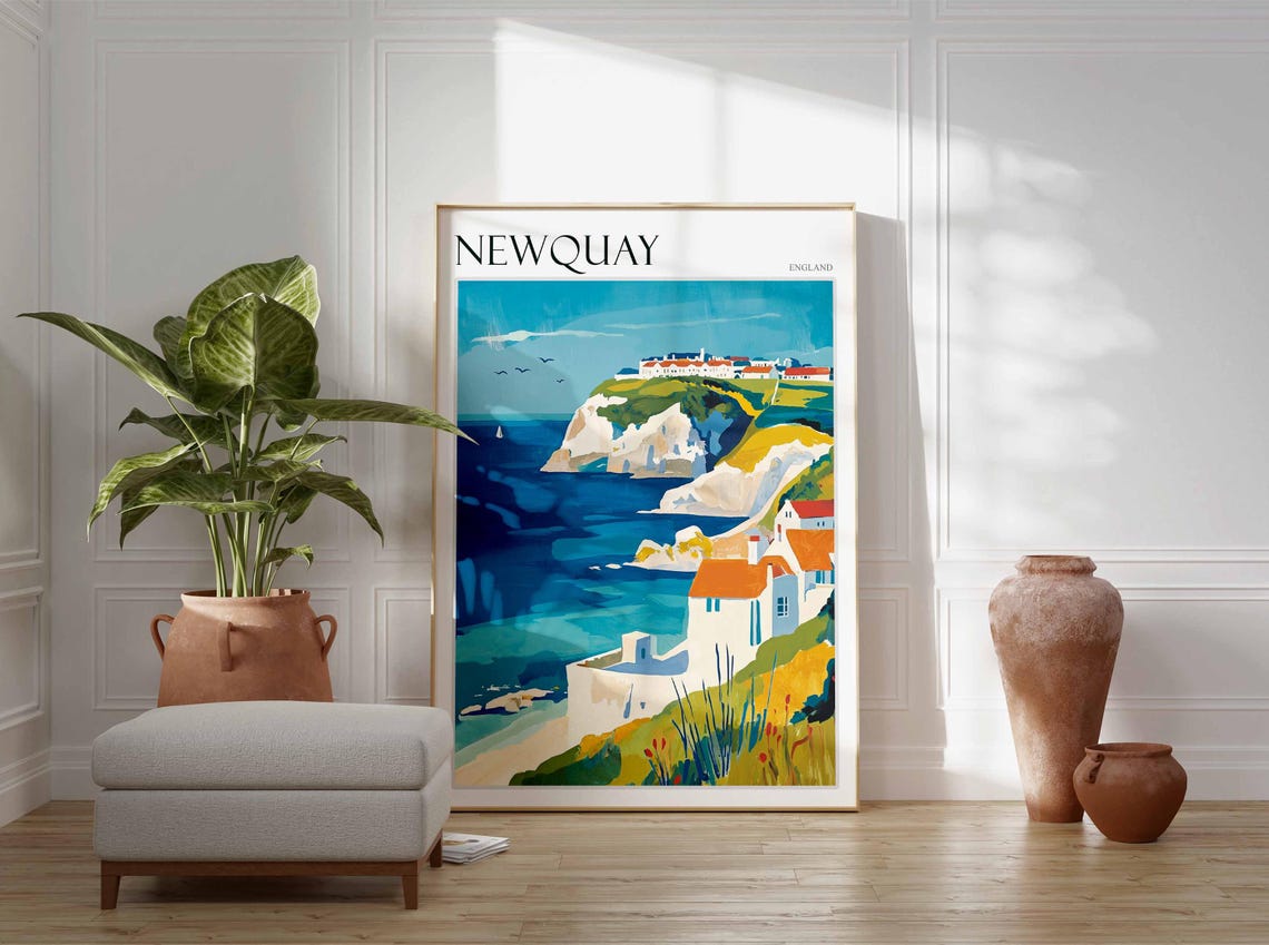 Newquay England Cliffs Cottages Headland Buildings Coastal Poster - Image 3