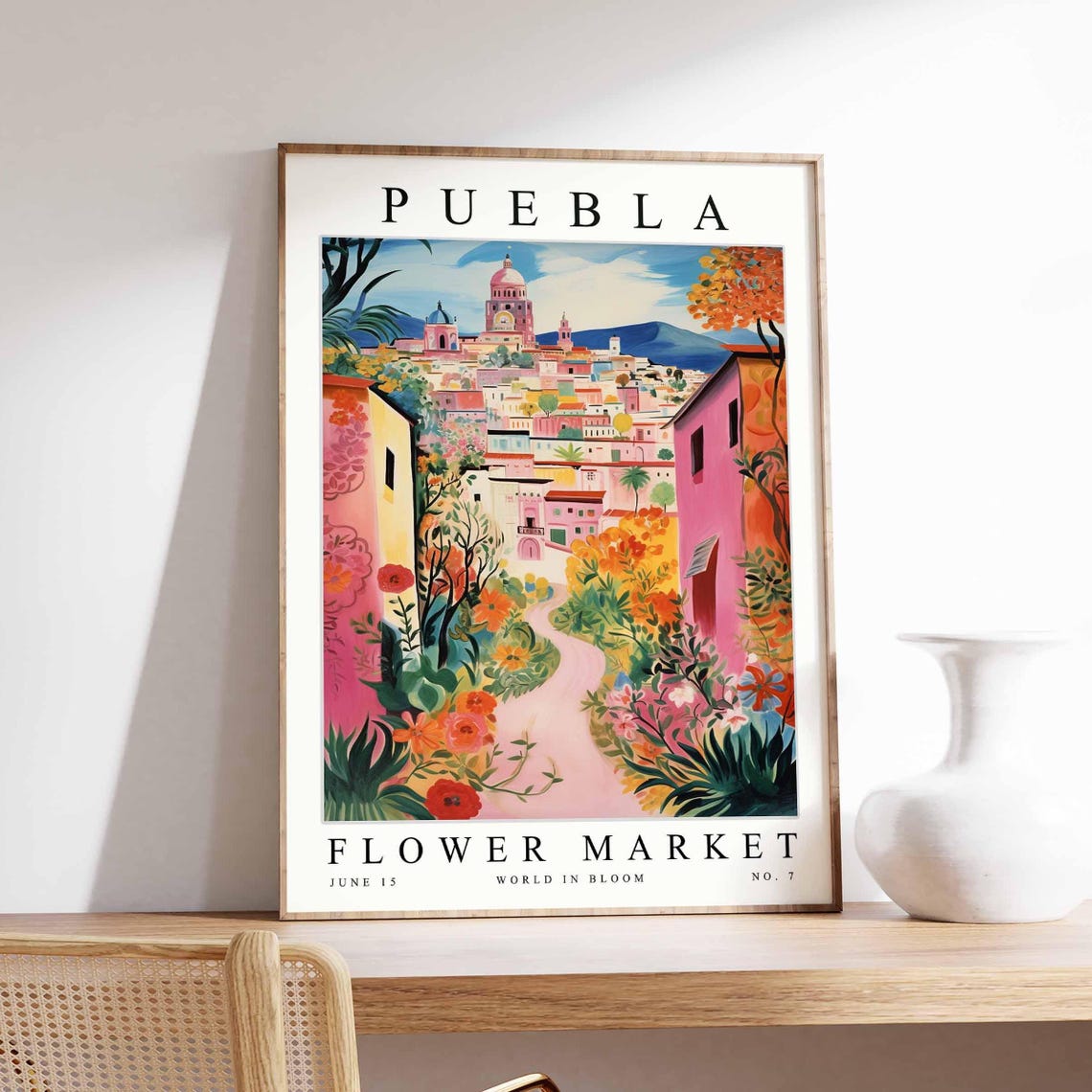 Puebla Pink Flower Path Colonial Cathedral Street Travel Poster