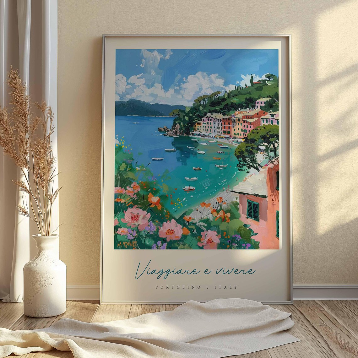 Portofino Italy Floral Bay Scene Viaggiare E Vivere Travel Poster - Image 2