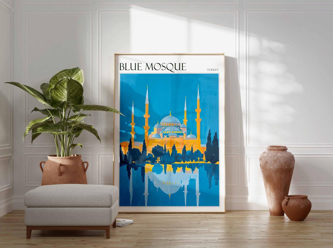 Blue Mosque Bold Graphic Teal Sky Reflection Modern Art Poster - Image 2