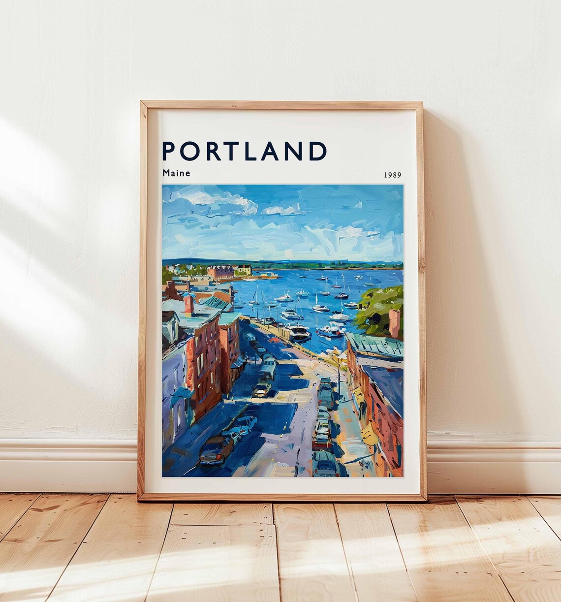 Portland Maine 1989 Colorful Waterfront Street Sailboat Scene Poster