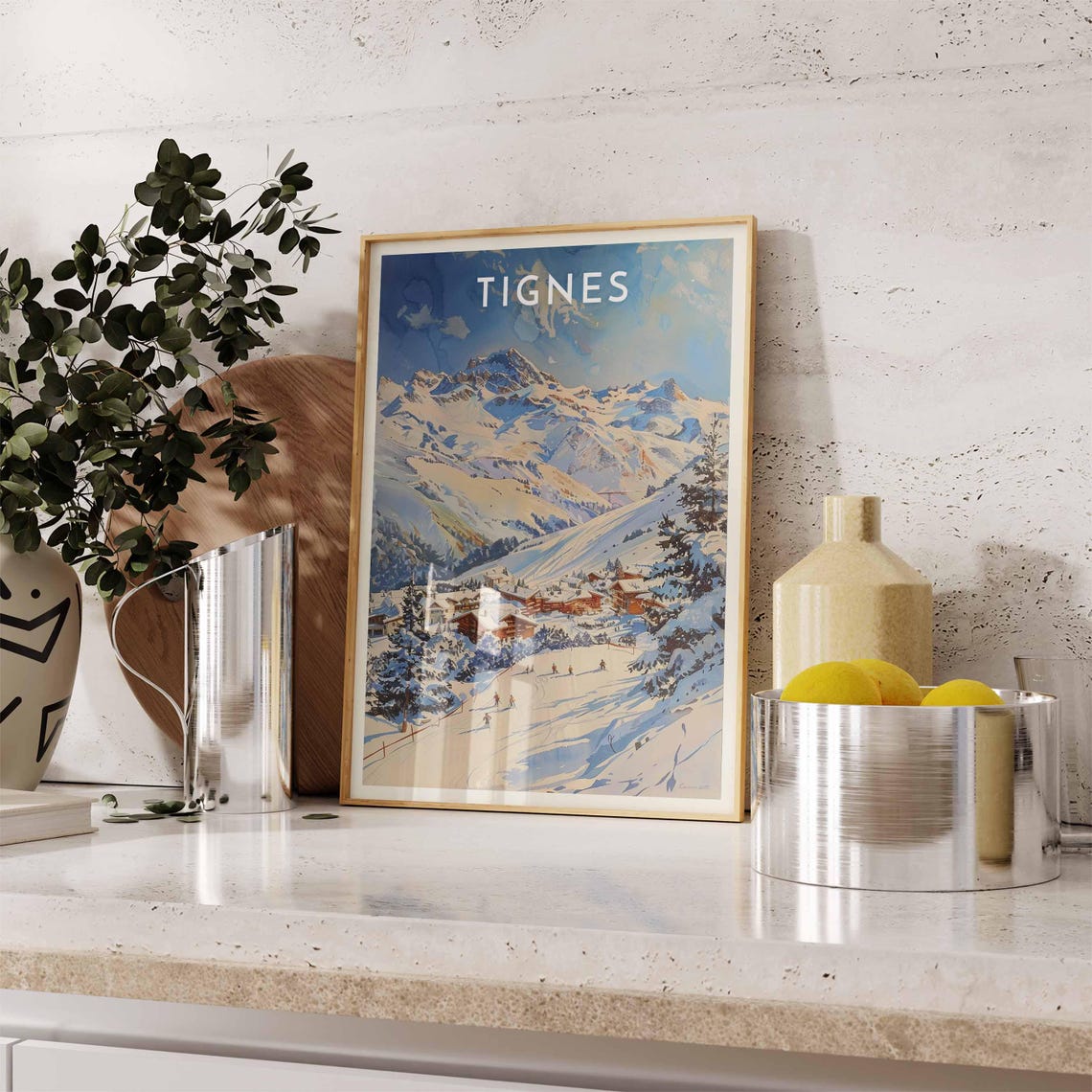 Tignes Snowy Peaks Rising Above Skiers on Gentle Slopes Poster - Image 2