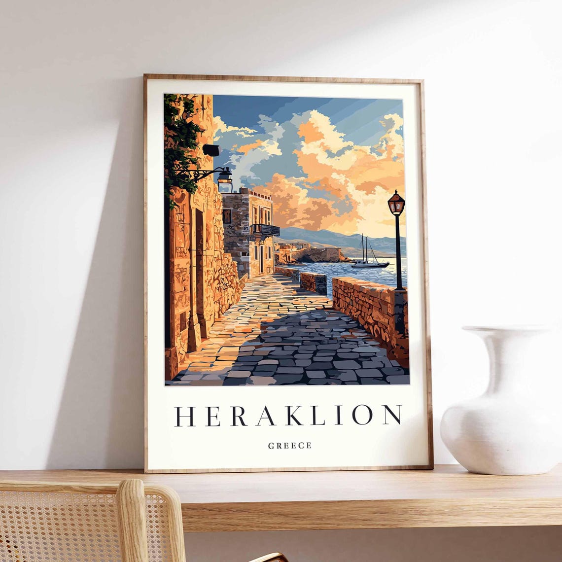 Heraklion Greece Travel Cobblestone Street Sunset Harbor Poster