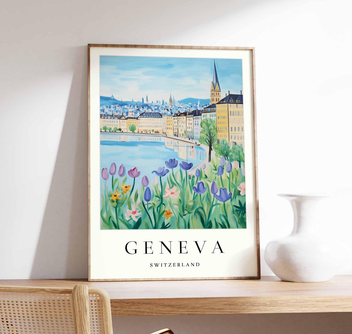 Geneva Switzerland Old Town Skyline With Spring Tulips Poster