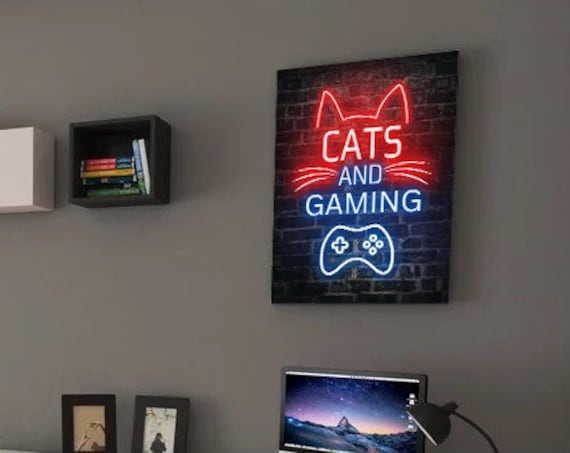 Cats and Gaming Neon Sign Art Poster for Cat Loving Gamer Room Decor