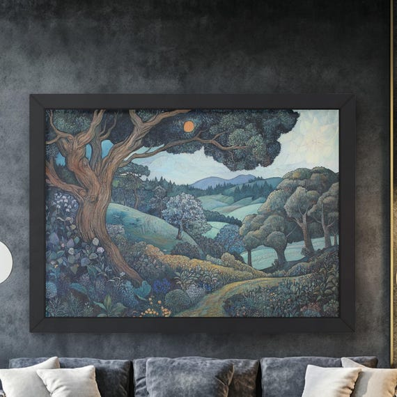 William Morris Inspired Countryside Artwork For Living Room Dcor Scenic Landscape Print With Lush Trees Lake Hills Tranquil