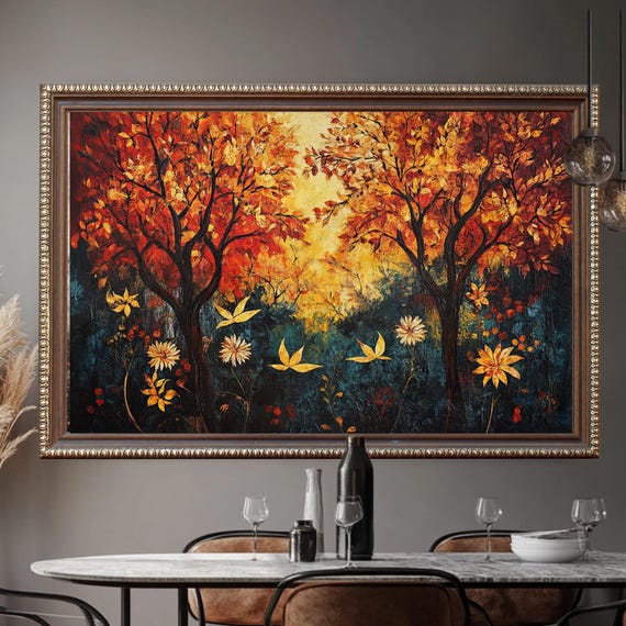 William Morris Inspired Golden Autumn Forest Wall Art Fall Trees Birds Warm Nature Decor Colors Artwork Gift For Her