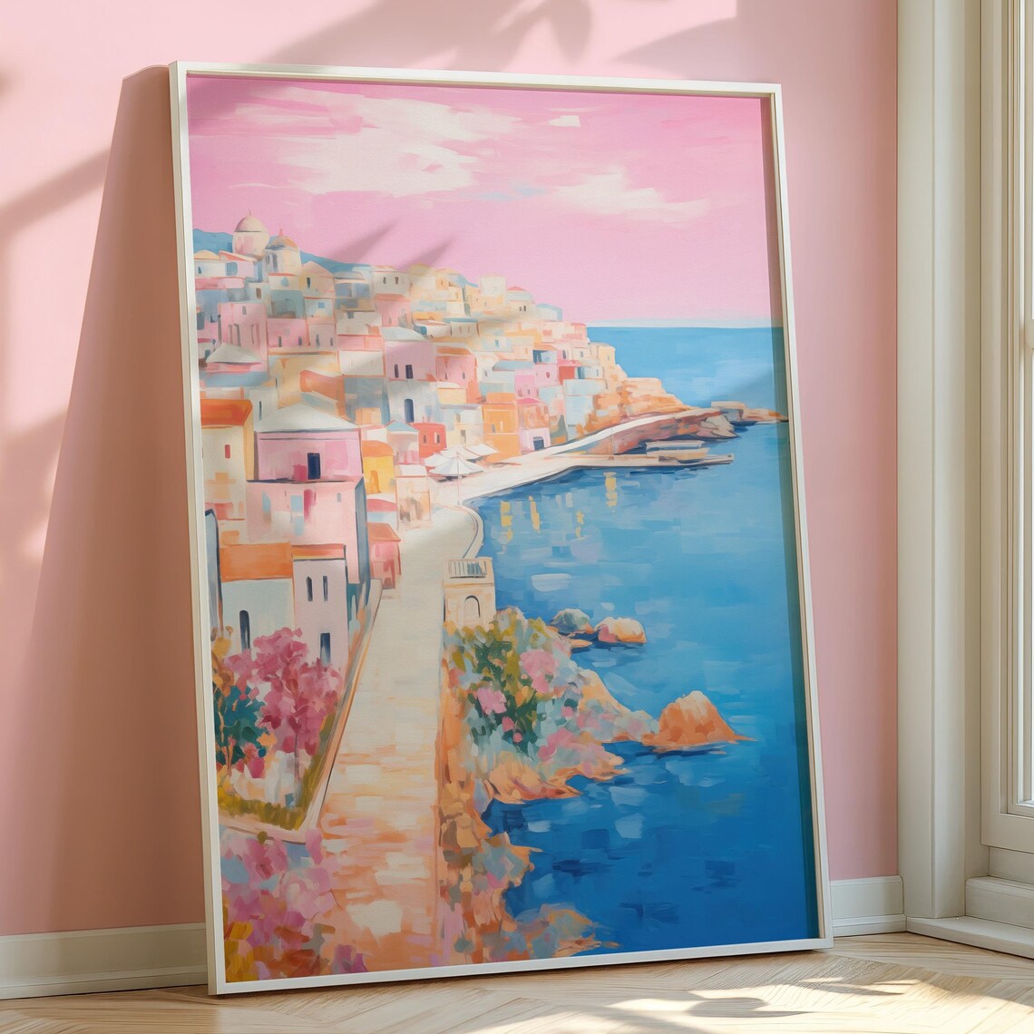 Pastel Mediterranean Coastal Town Painting Pink Sky And Blue Sea Poster