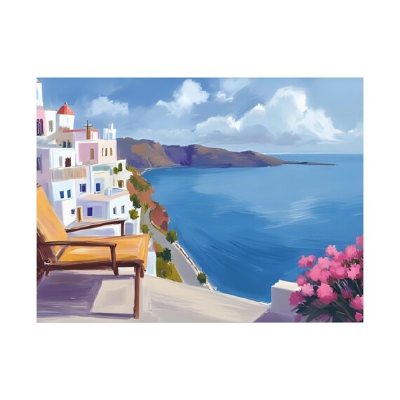 Santorini Terrace Sea View Bougainvillea Coastal Village Poster