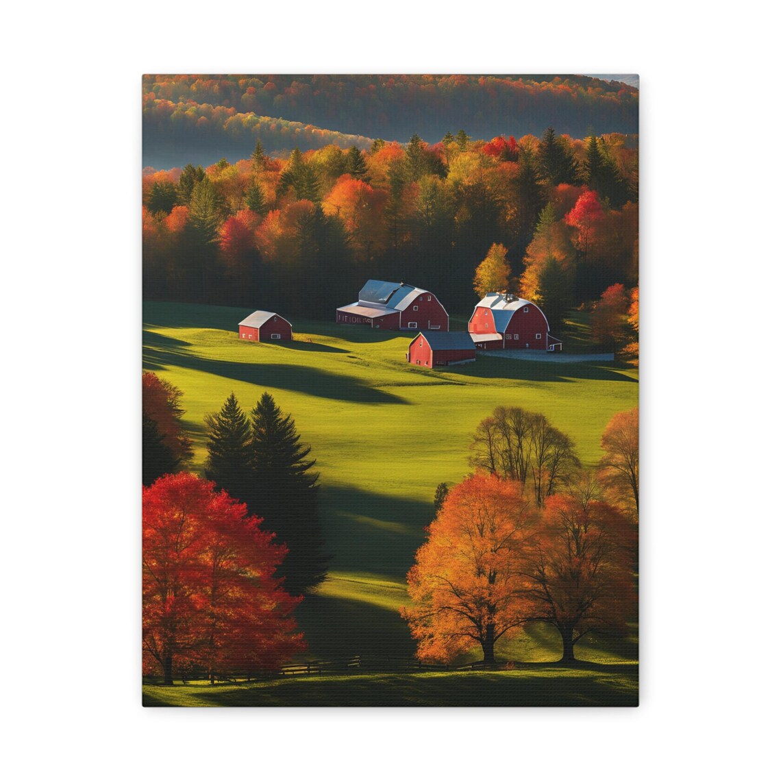 Autumn Farmhouse Landscape Stretched Matte Canvas Wall Art