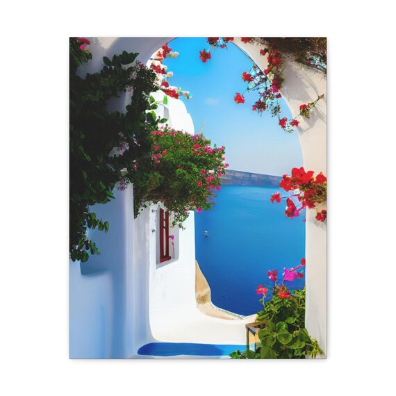 Santorini Greece White Archway Bougainvillea Deep Blue Sea Wall Art