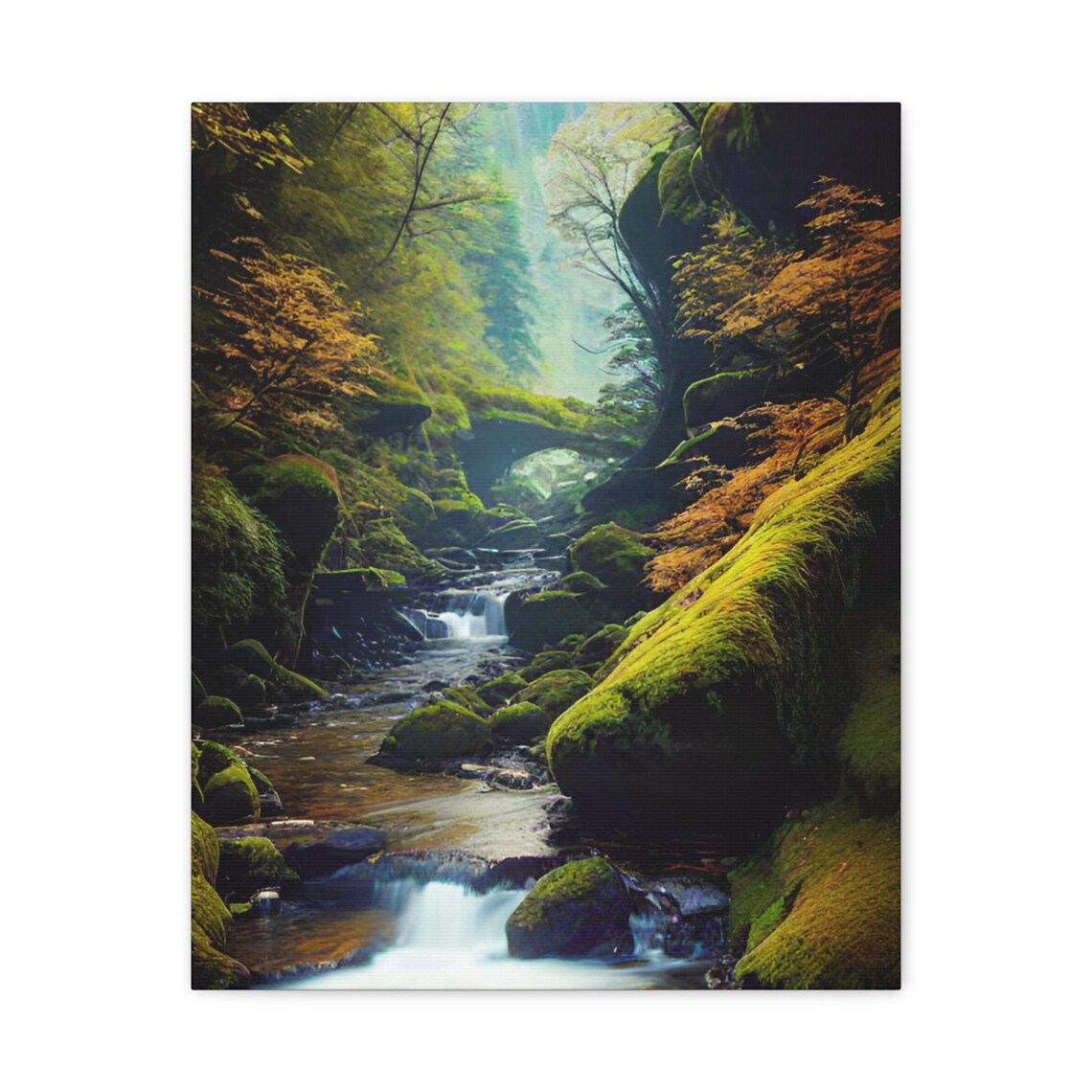 Lush Mossy Forest Stream With Waterfalls And Fern Covered Rocks Poster