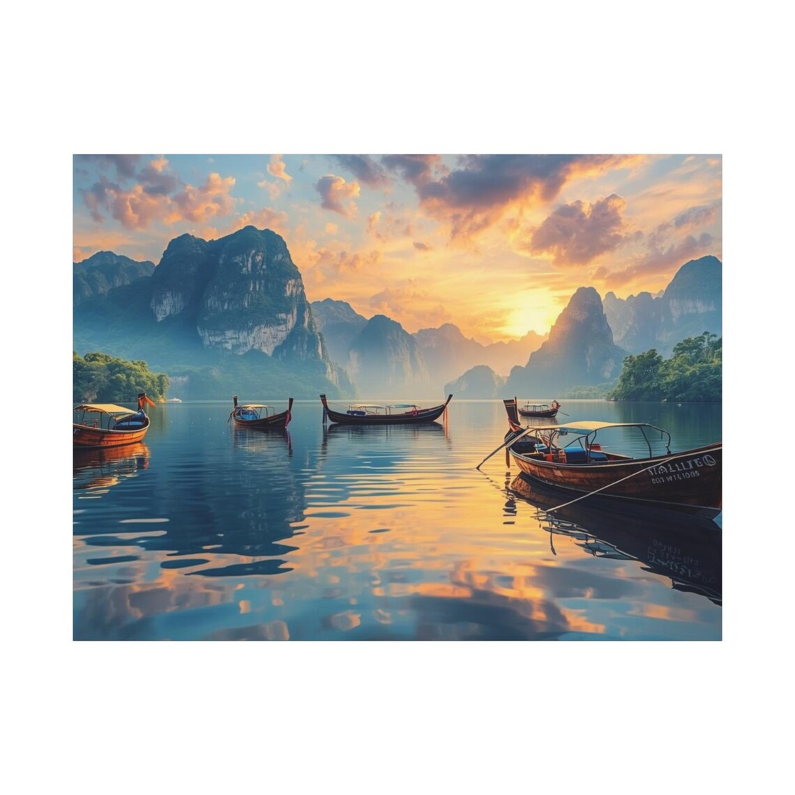 Longtail Boats Sunset Karst Bay Golden Water Reflection Poster